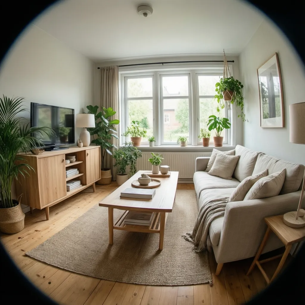 Salón ecológico con muebles de madera clara y textiles naturales