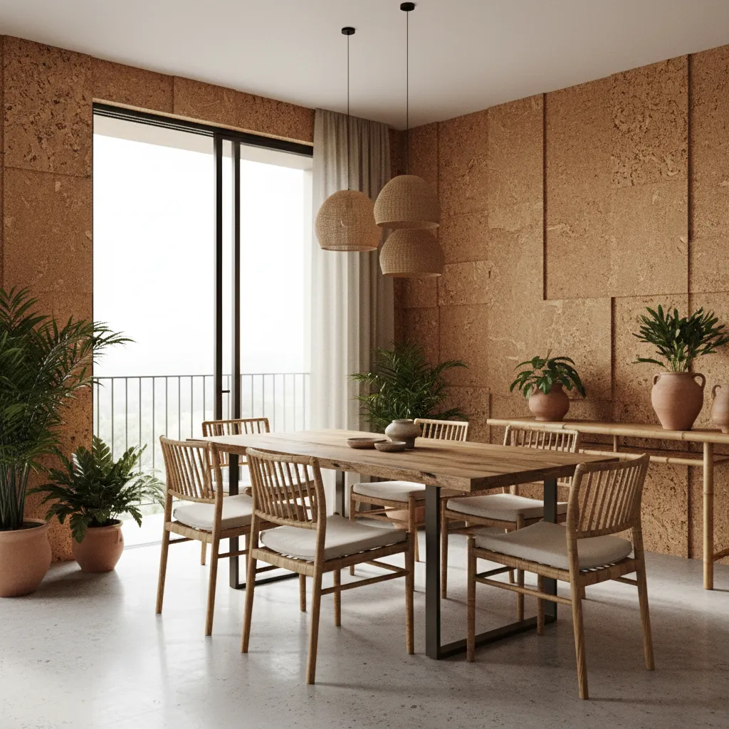 interior featuring cork wall panel bamboo furniture and reclaimed wood table