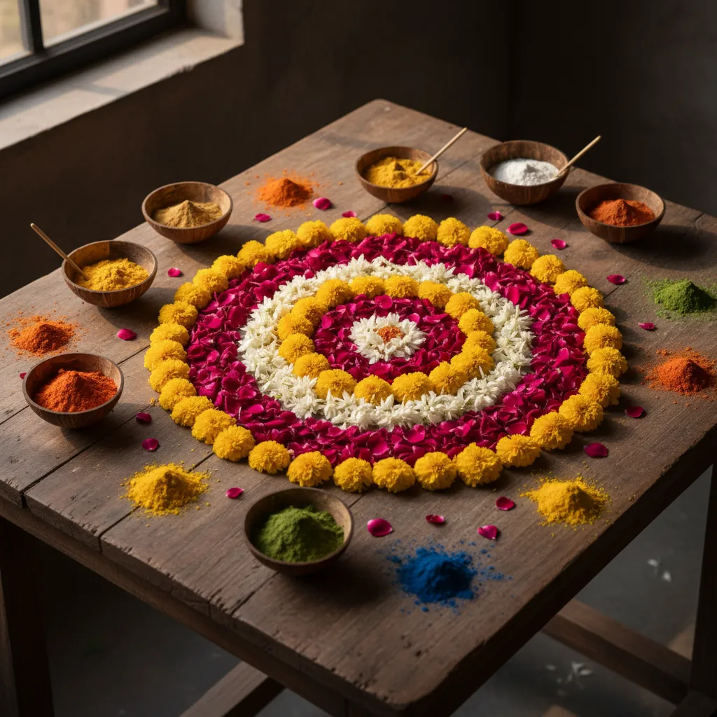 Eco friendly rangoli materials including flower petals and natural pigments arranged for wall decoration