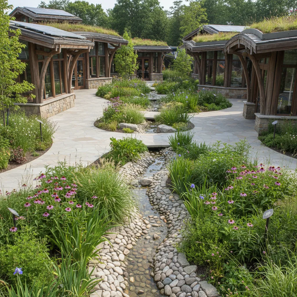 eco friendly rain garden bioswale integrated into theme park landscaping