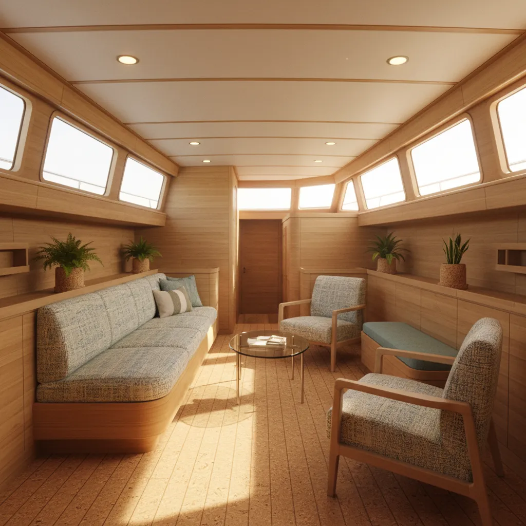 Eco-friendly yacht interior using bamboo panels and sustainable fabrics