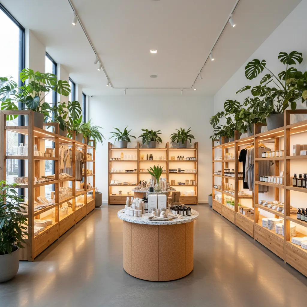 Modern shop interior featuring wooden display shelves central round table green plants and light fixtures