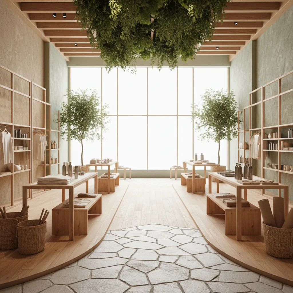 Retail store layout featuring wooden shelves, display tables, stone flooring, and hanging green ceiling plants