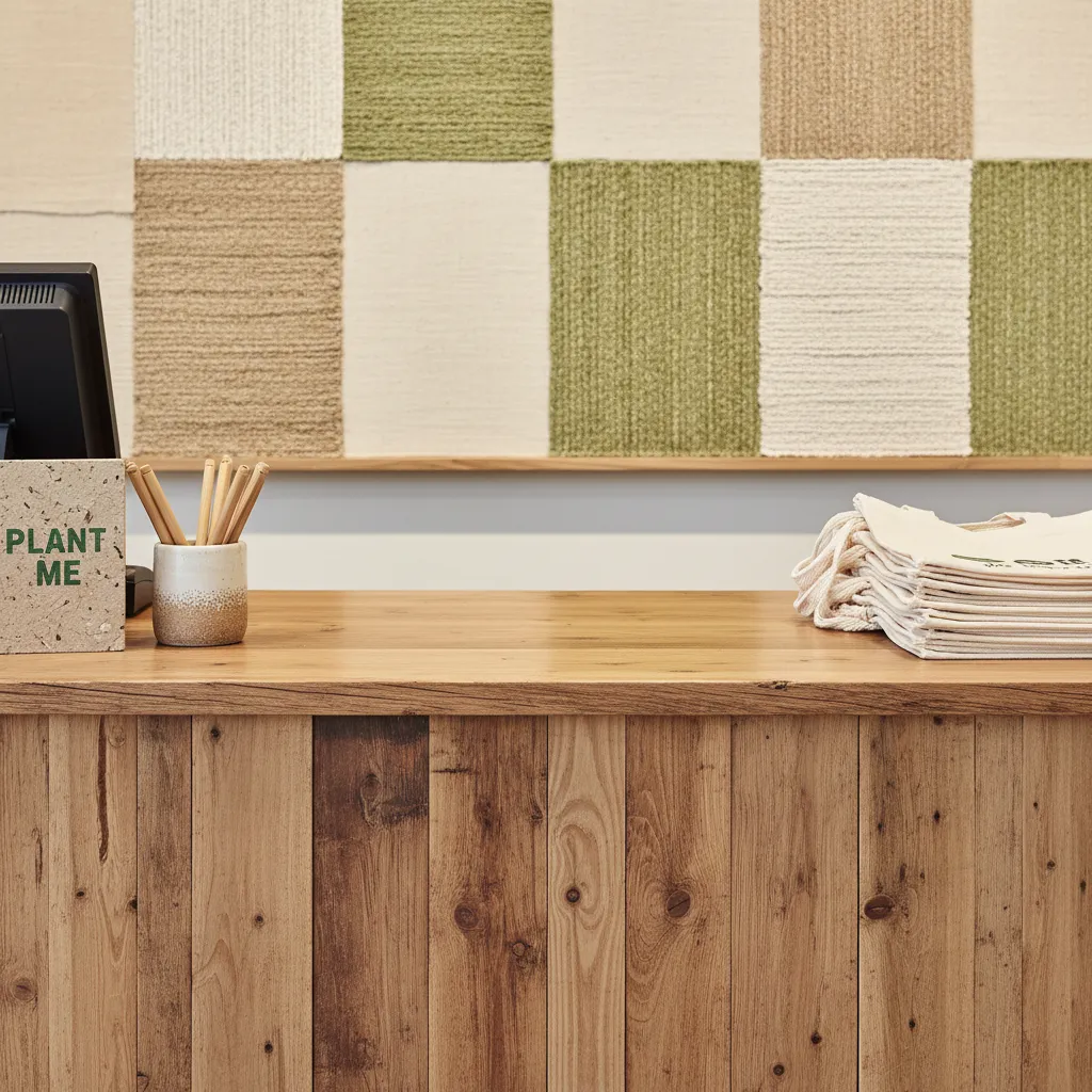 Wooden retail counter with plant me sign pens white shopping bags and checkered wall panel