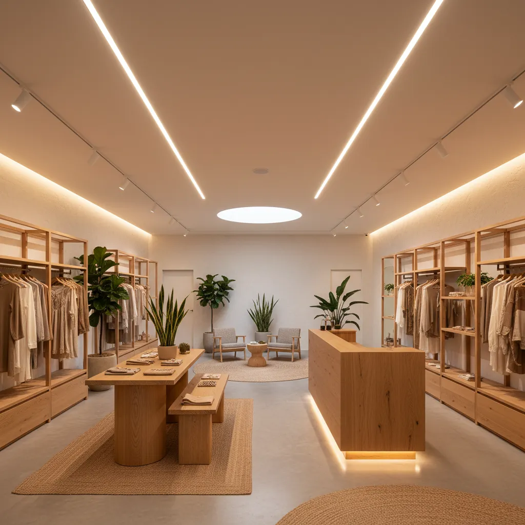 Modern shop interior with wooden counter, display tables, clothing shelves, green plants, and ceiling lights