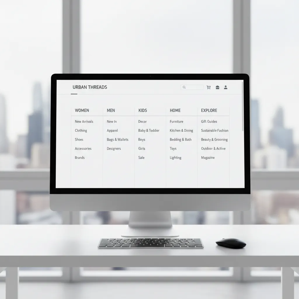 Ecommerce navigation mega menu showing product categories and links