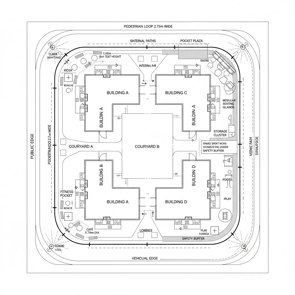 Top-down CAD site plan with a continuous edge amenity loop and programmed nodes