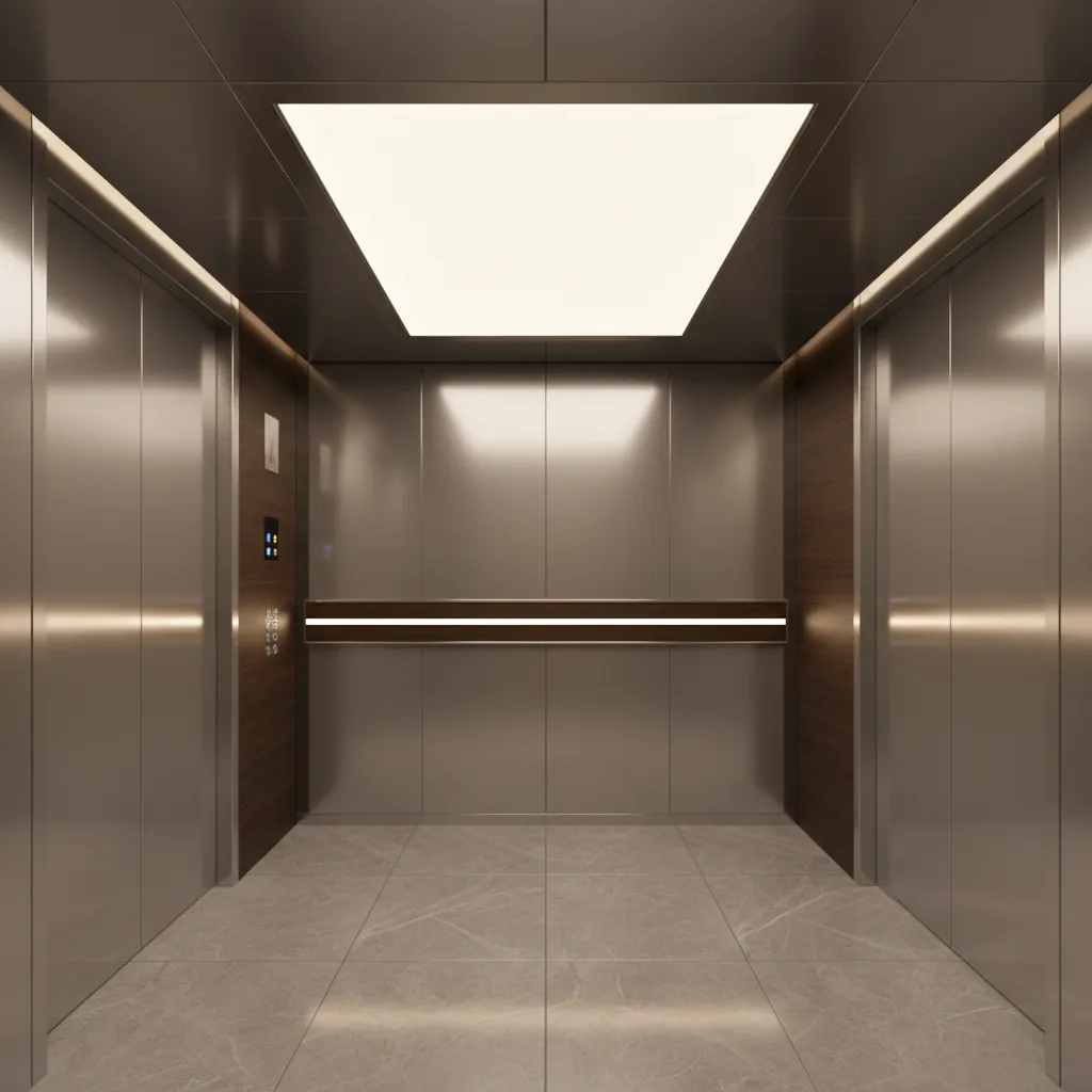 Elevator cabin with edge-lit ceiling panel distributing soft light