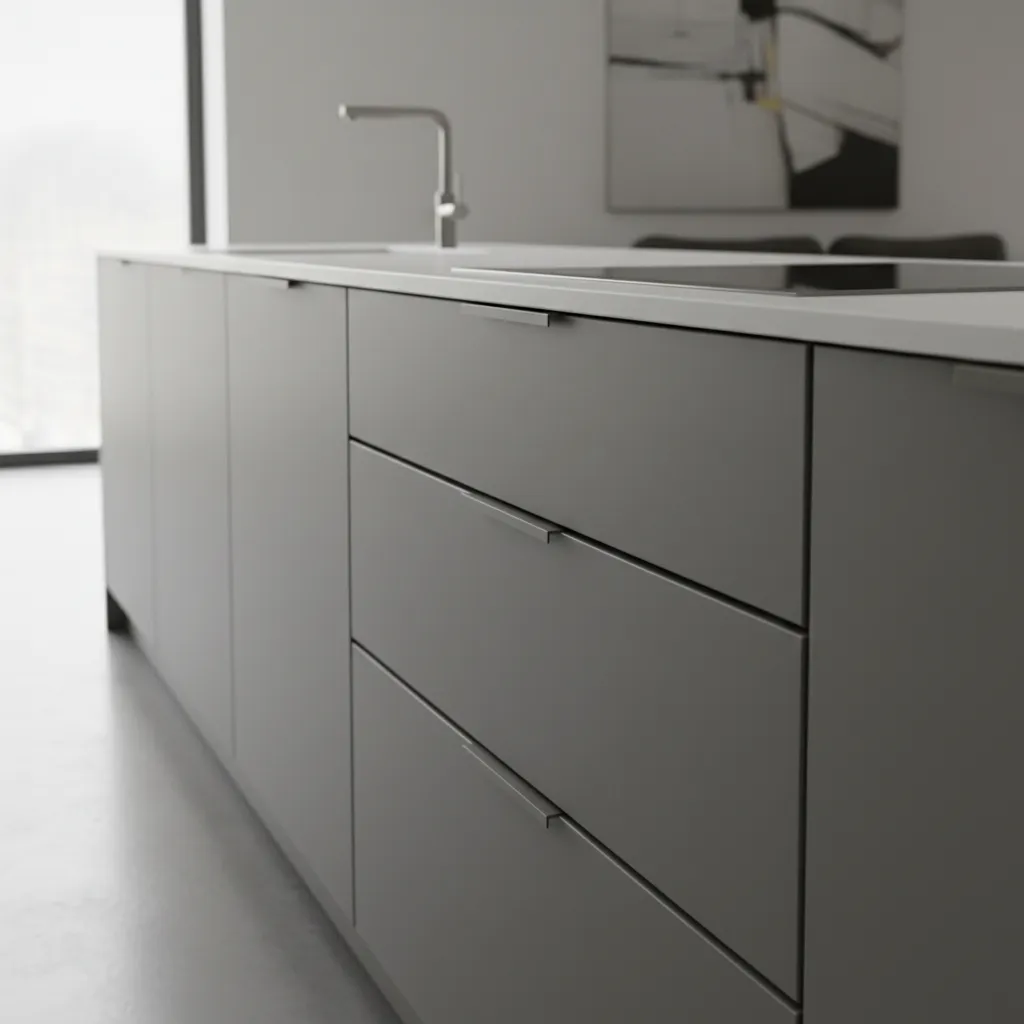 Close view of modern cabinet drawer with edge pull installed on top edge