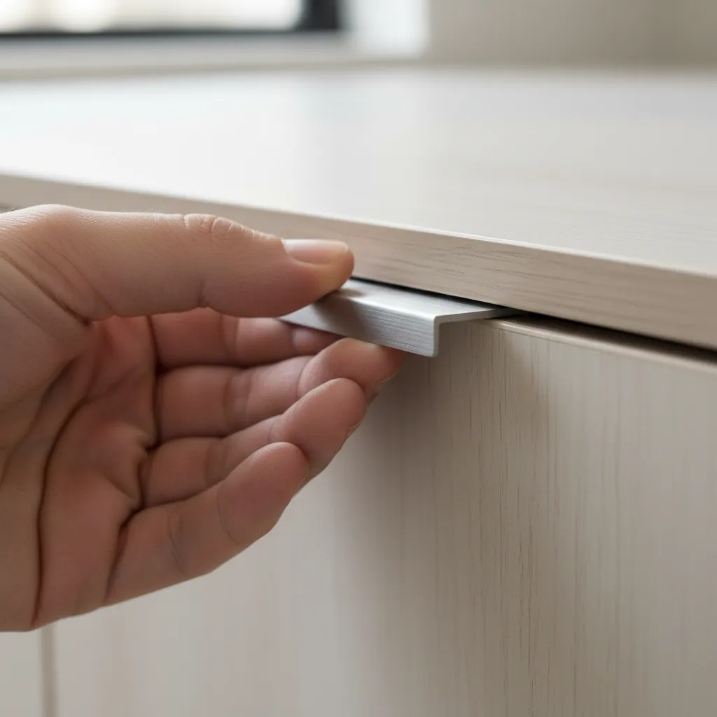 Close up detail showing finger clearance in cabinet edge pull design