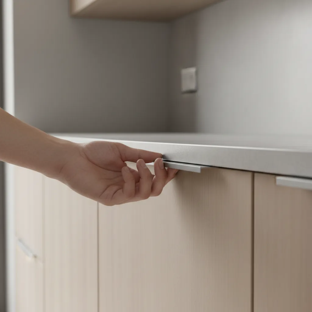 Hand demonstrating finger clearance under cabinet edge pull