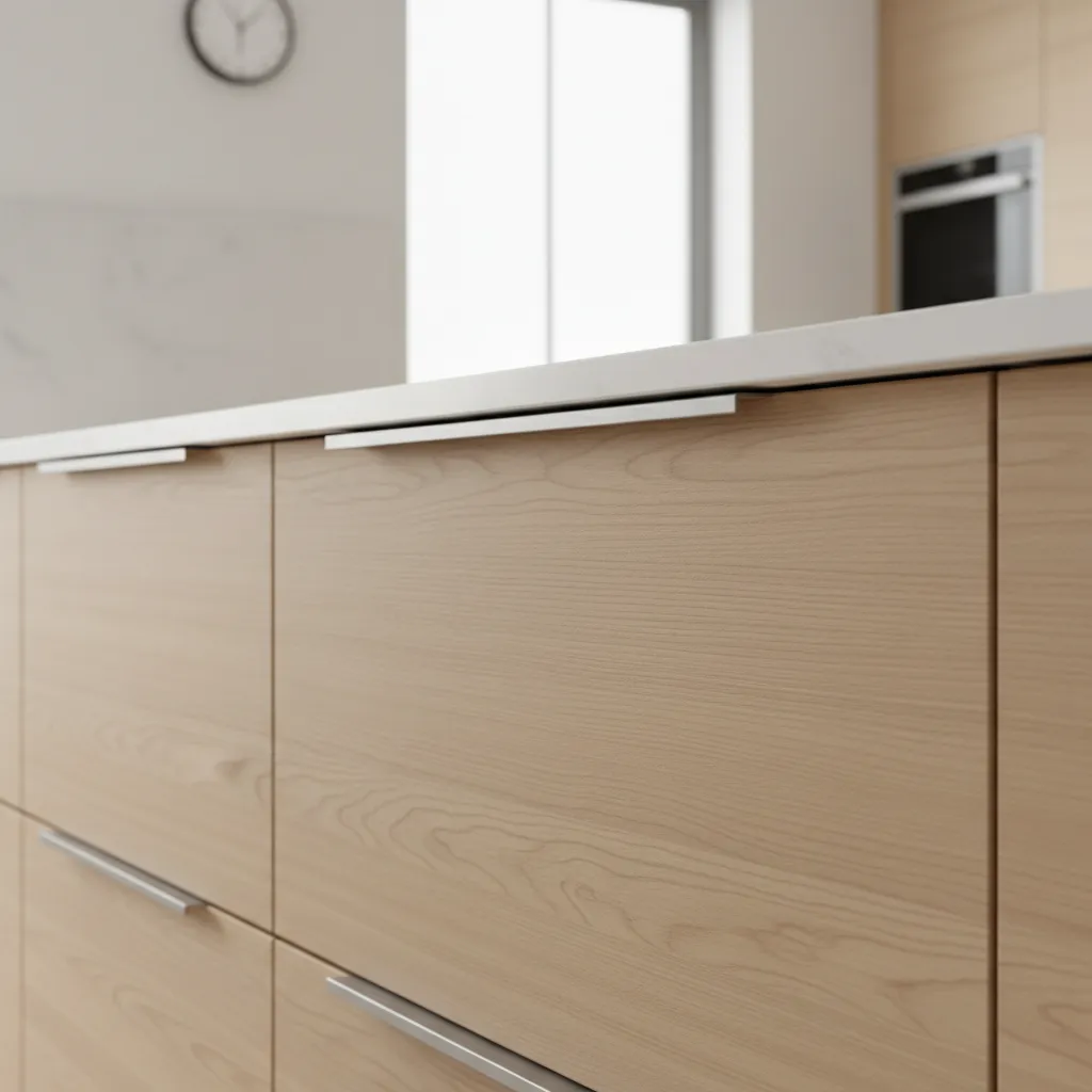 Close view of modern kitchen drawer with aluminum edge pull handle