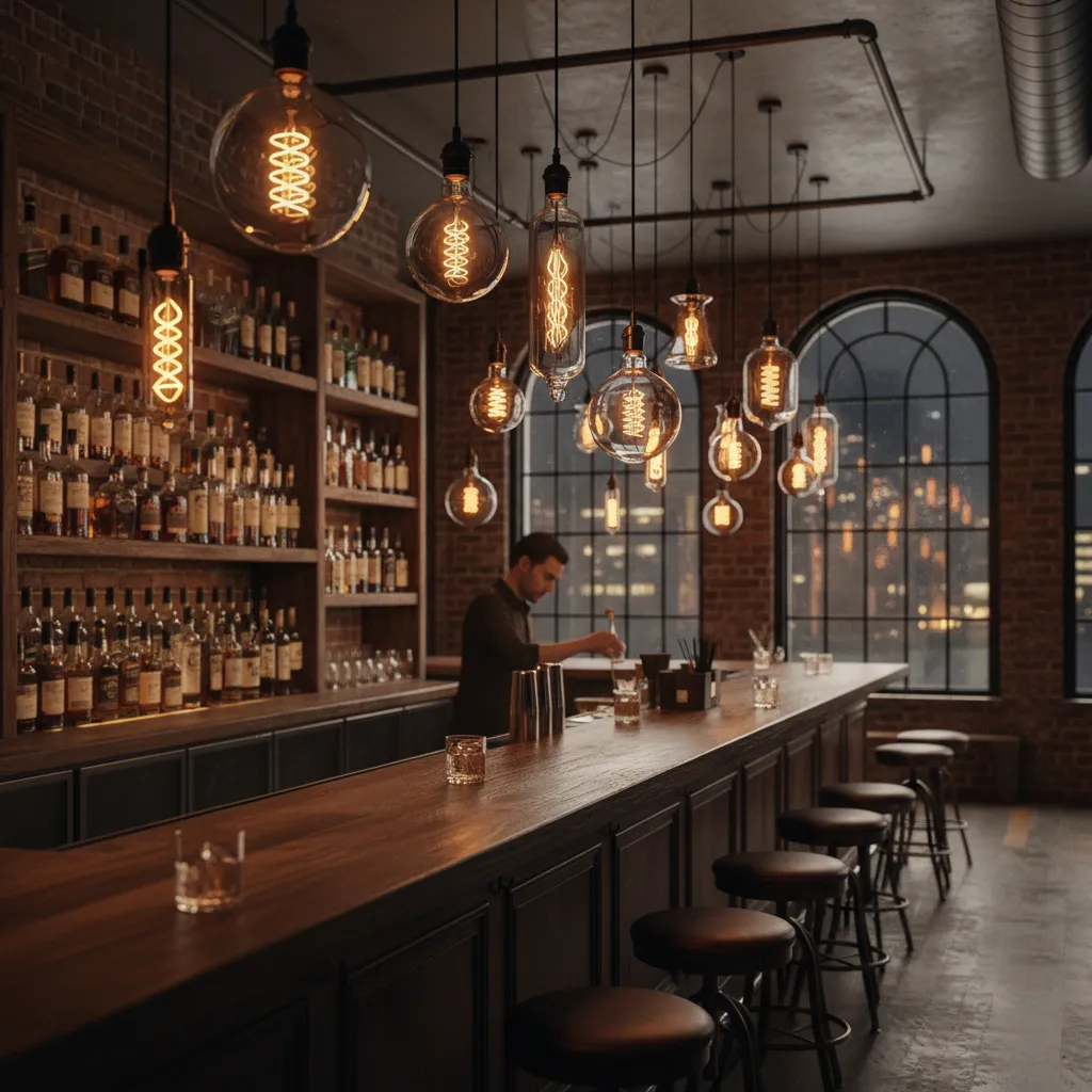 Close view of Edison filament pendant lights above a whiskey bar counter