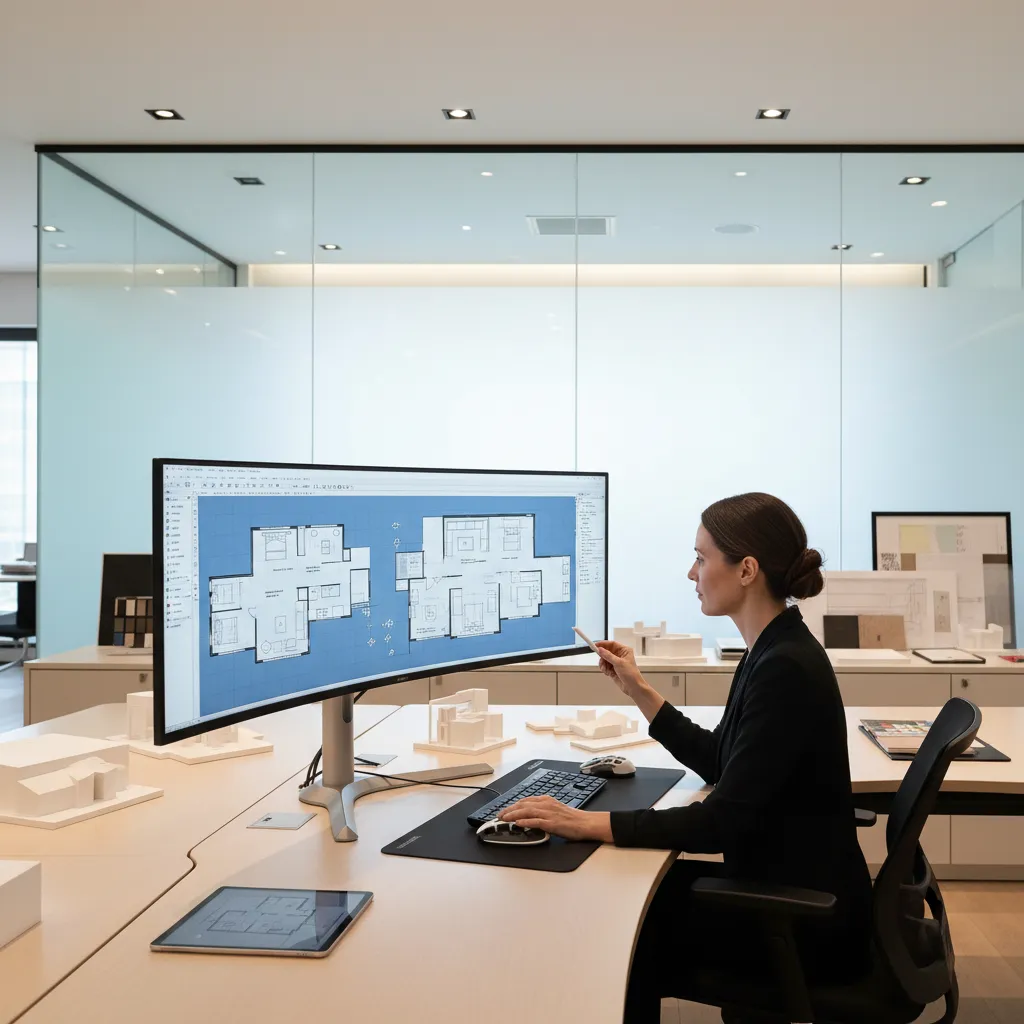 Architect editing and revising a 2D floor plan layout in CAD software