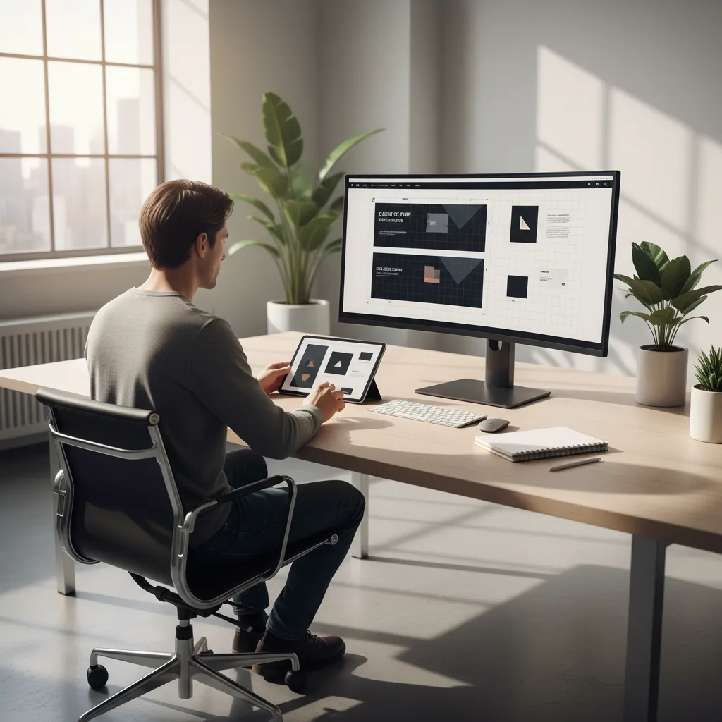 Designer customizing a presentation template on a computer