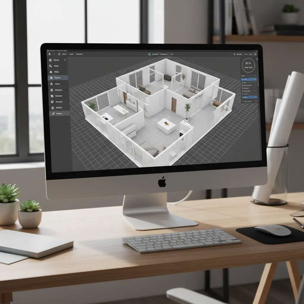 Desktop computer screen displaying a 3D house model inside an interior design software tool interface