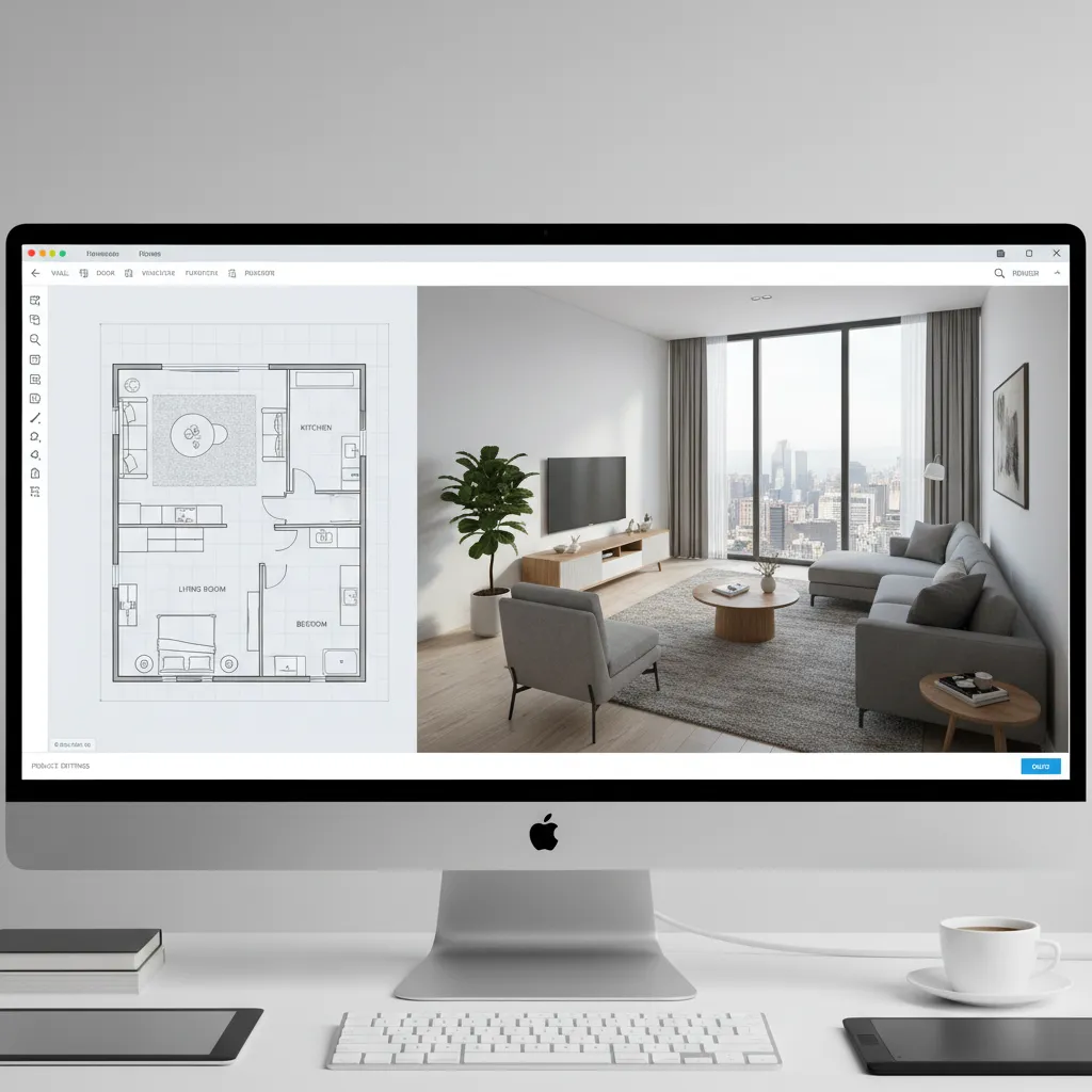 Computer monitor showing Coohom software with 2D floor plan and 3D interior design drawing display