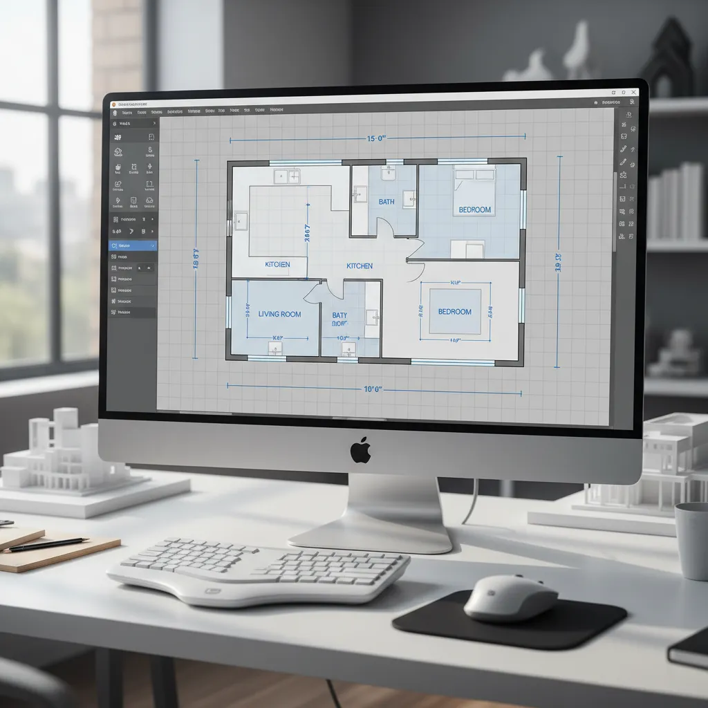 Editor digital mostrando plano de casa con paredes y habitaciones