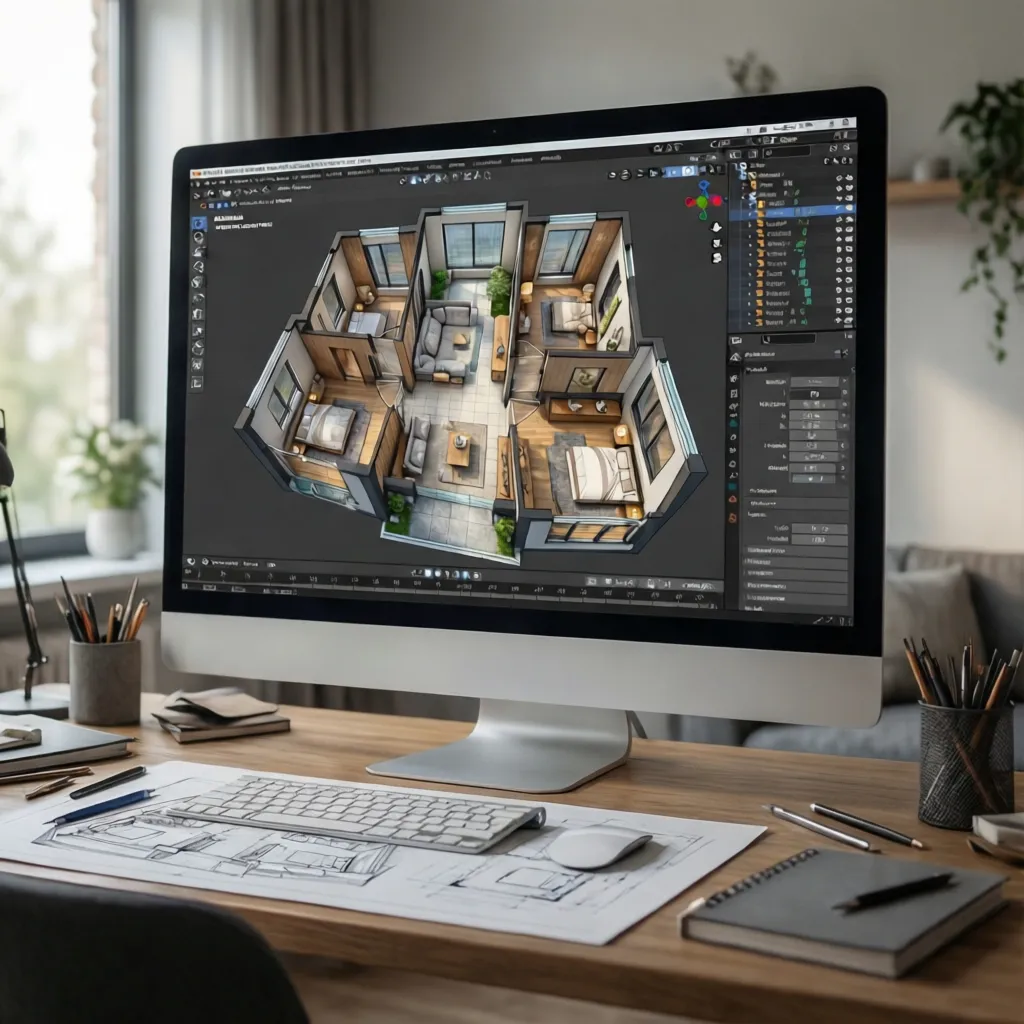 Interfaz de simulador mostrando el plano de una casa en 3D