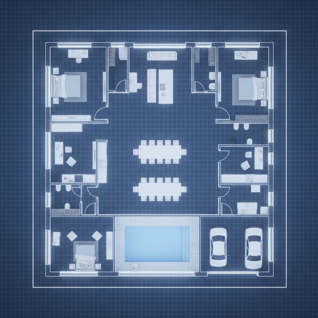 Plano digital de una casa grande con varias habitaciones
