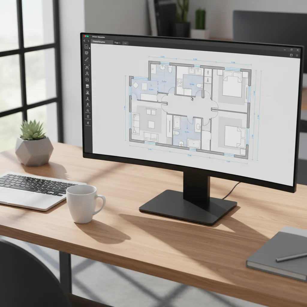 interfaz de editor de planos de casa en vista 2D con habitaciones dibujadas