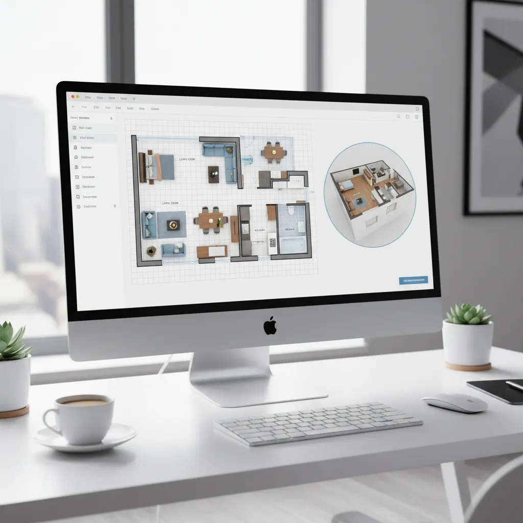 Plano digital de una vivienda con habitaciones y muebles en 3D