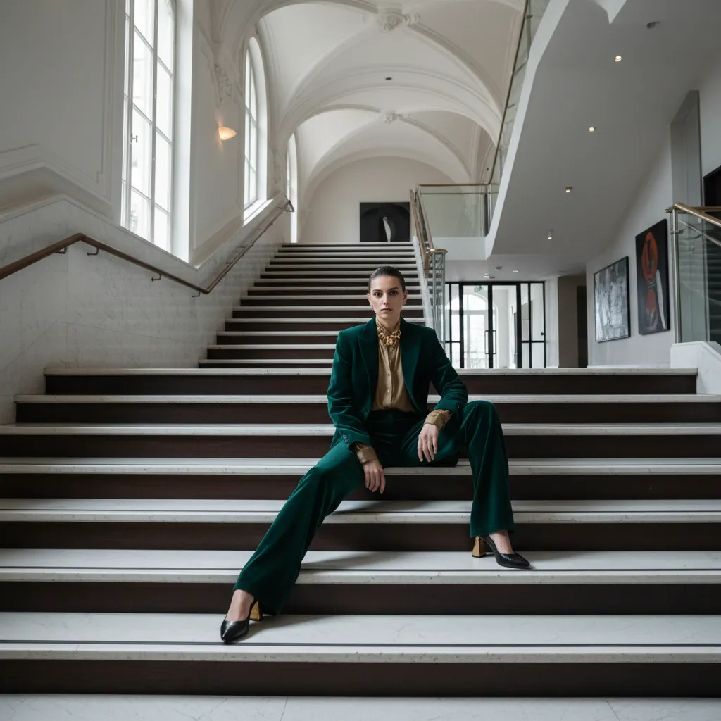 fashion editorial photoshoot with model sitting on elegant staircase steps