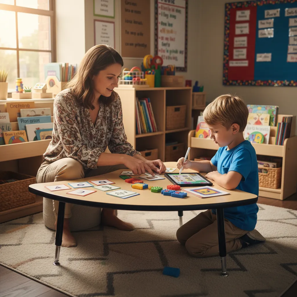 Woman and young boy sitting at low table in playroom with colorful cards and tablet