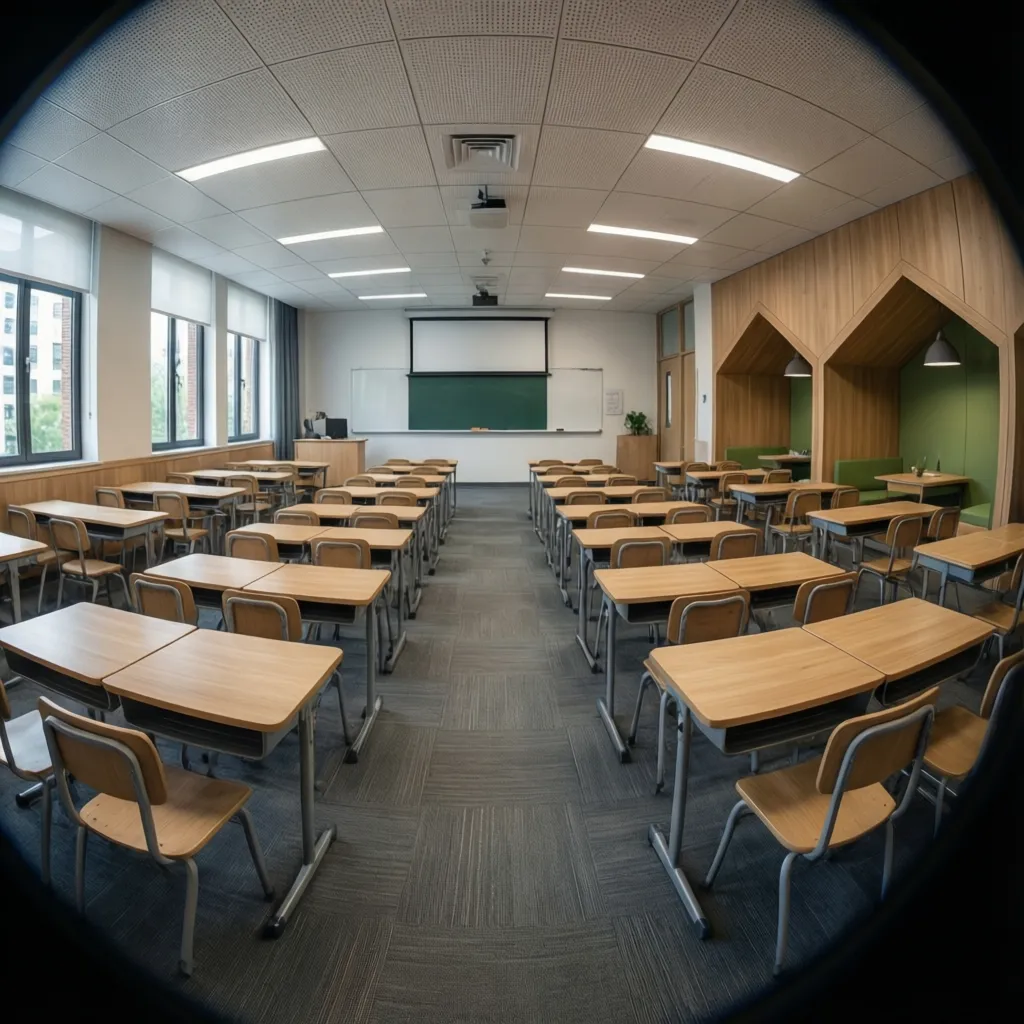 Training classroom layout with desks arranged for education workshops
