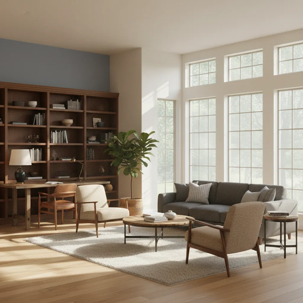 Bright living room featuring tall windows, grey sofa, wooden wall cabinet, and a desk area