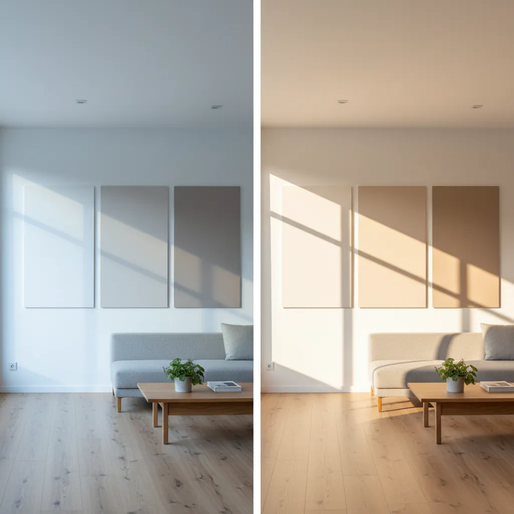 Comparación de cómo cambia el color de una pared con distintas orientaciones de luz natural