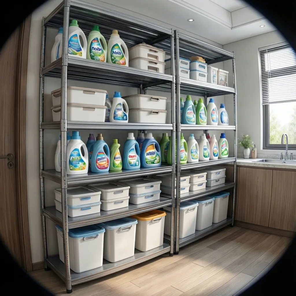Large metal shelves in laundry room holding detergent bottles and many white plastic storage containers