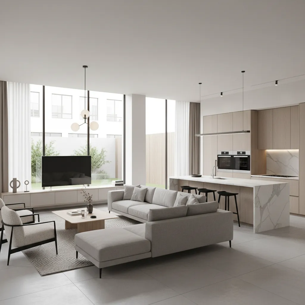 efficient open living room and kitchen in a 1500 sq ft home