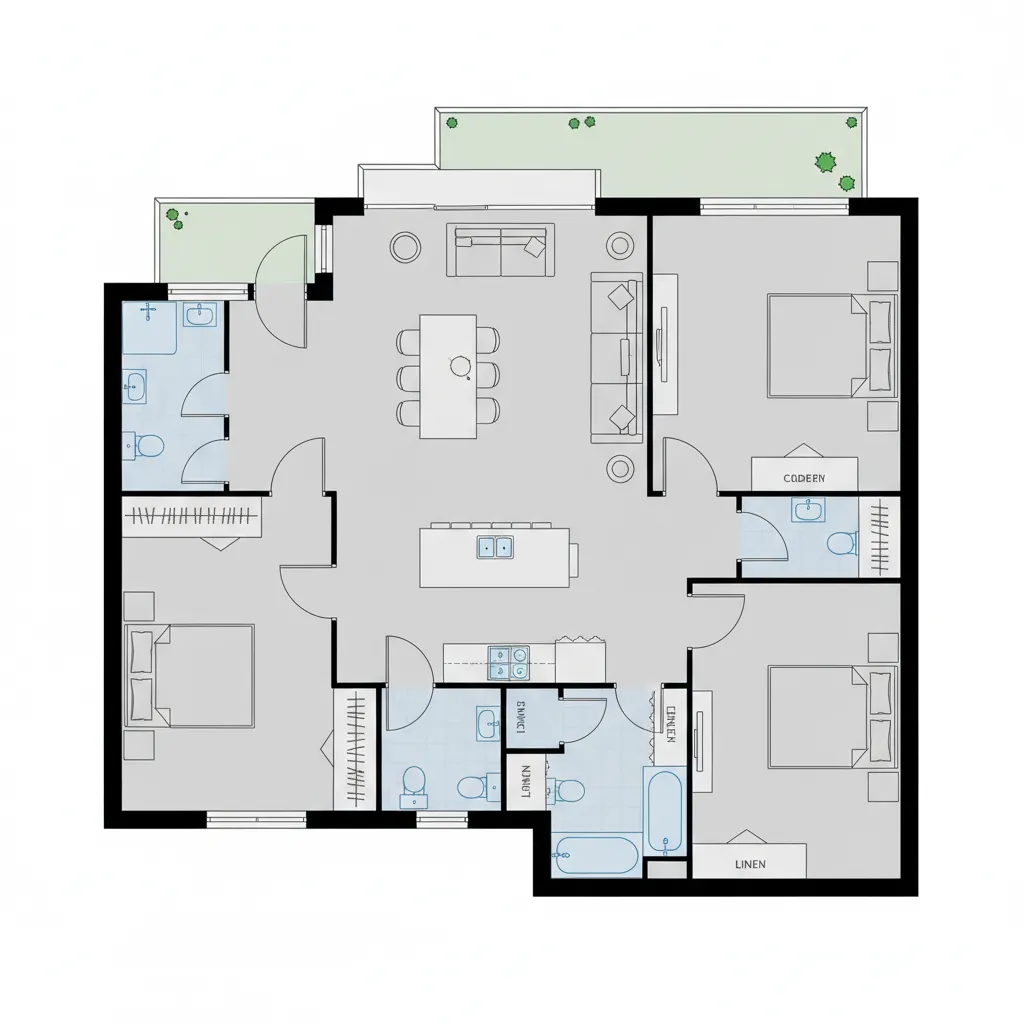 efficient 1600 sq ft floor plan layout showing living kitchen and bedroom zones