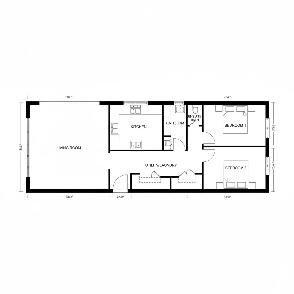 Efficient 1600 sq ft floor plan layout with centralized plumbing and minimal hallways