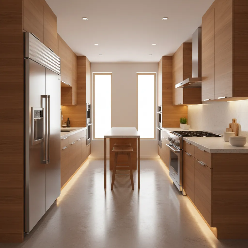 Efficient galley kitchen inside a 16x40 small house floor plan
