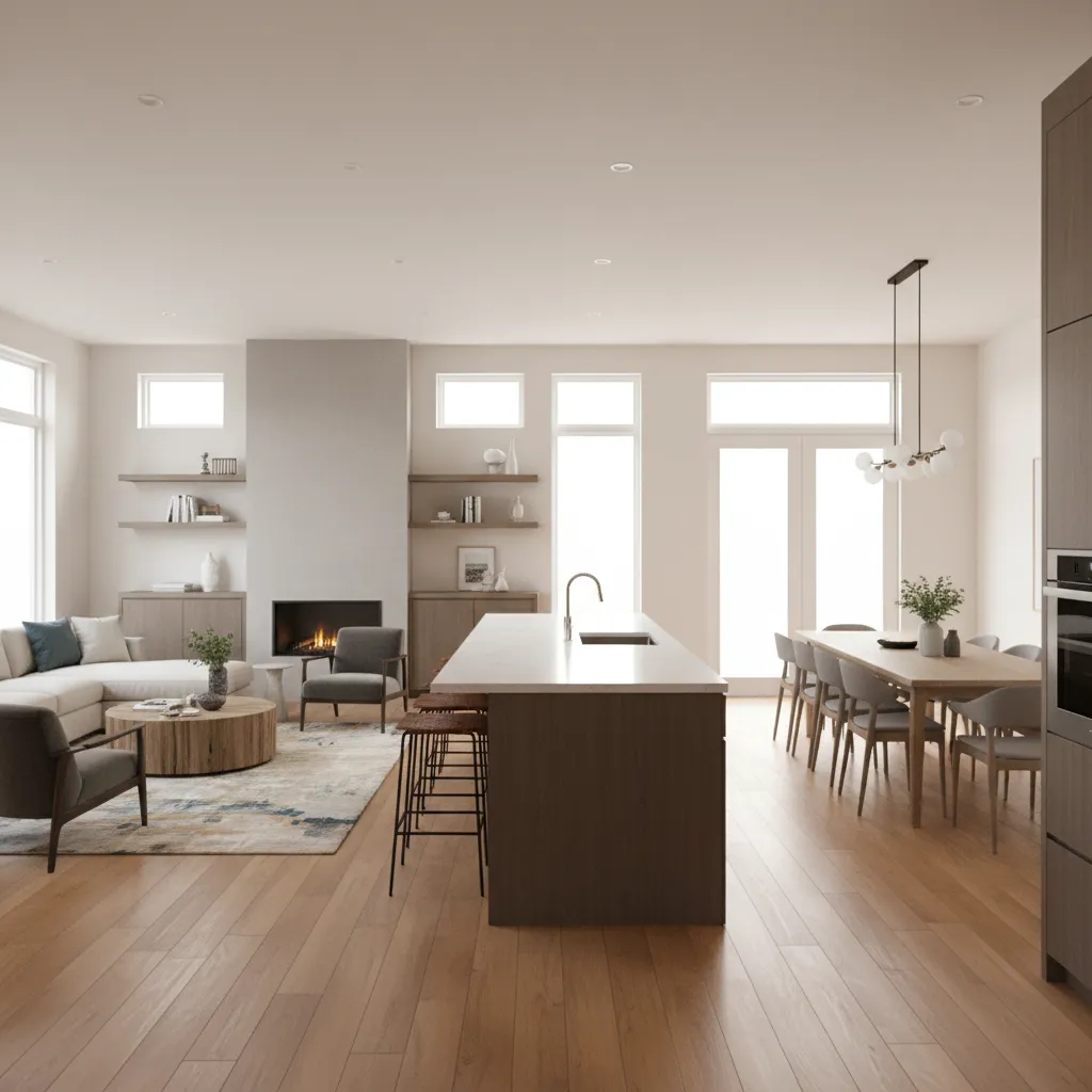 Open living room kitchen layout in an efficient 1800 sq ft home