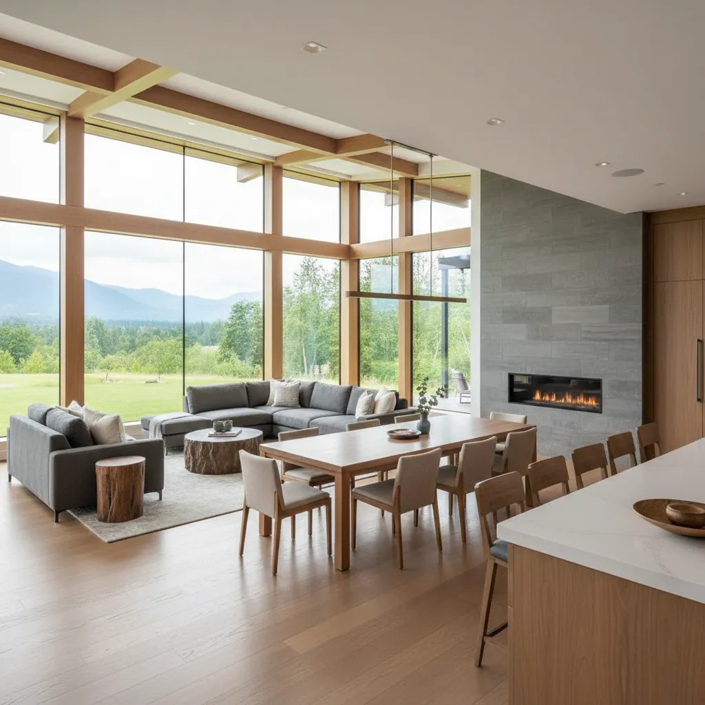 Open plan living room with grey sofa wooden dining table chairs fireplace and large window