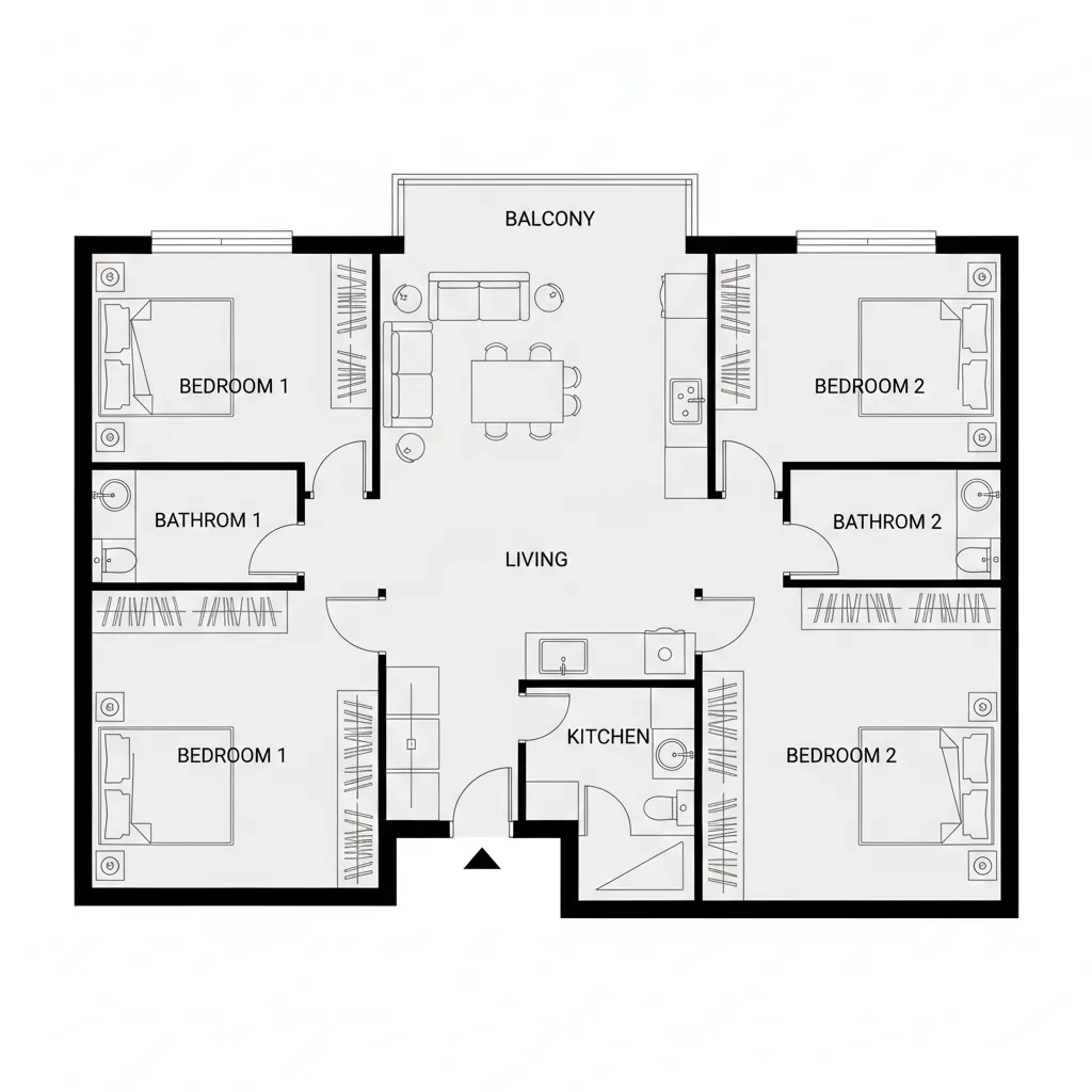 Efficient 2BHK apartment floor layout design around 1000 sq ft