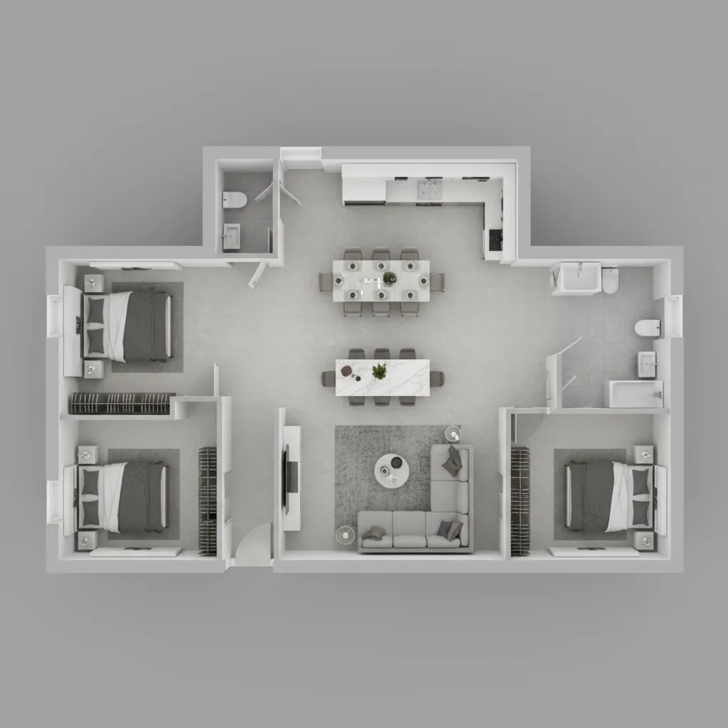 Efficient three bedroom house floor plan layout with central living area