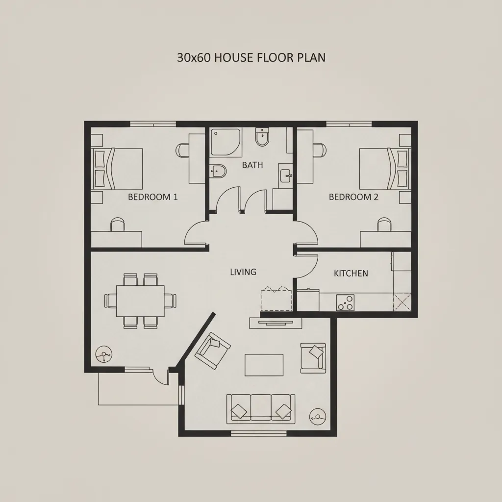 Efficient zoning layout diagram for a 30 x 60 house floor plan
