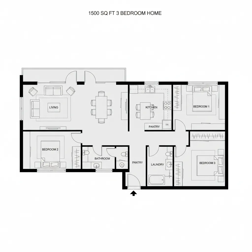 efficient zoning layout of a 1500 sq ft 3 bedroom house plan