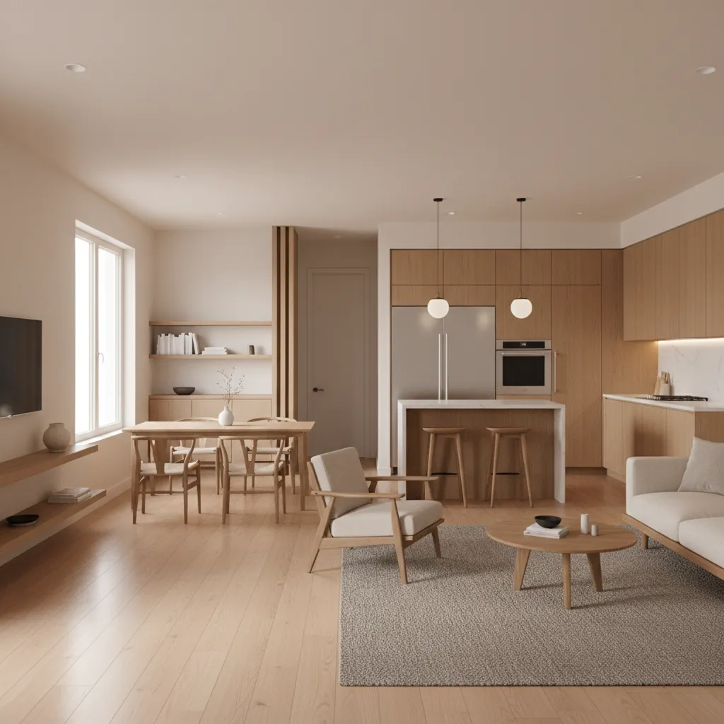 Efficient open layout for a 990 sq ft house with smooth room flow