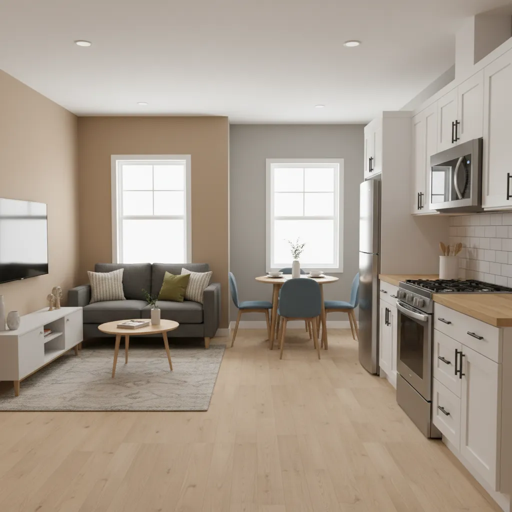 Efficient two bedroom mobile home interior layout showing open living area