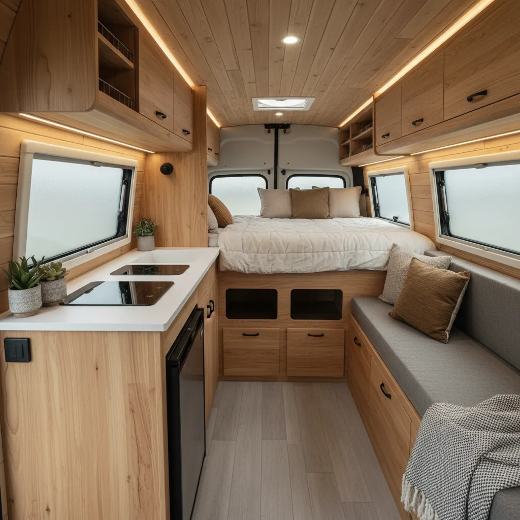 camper van interior with clear walkway between bed and kitchen