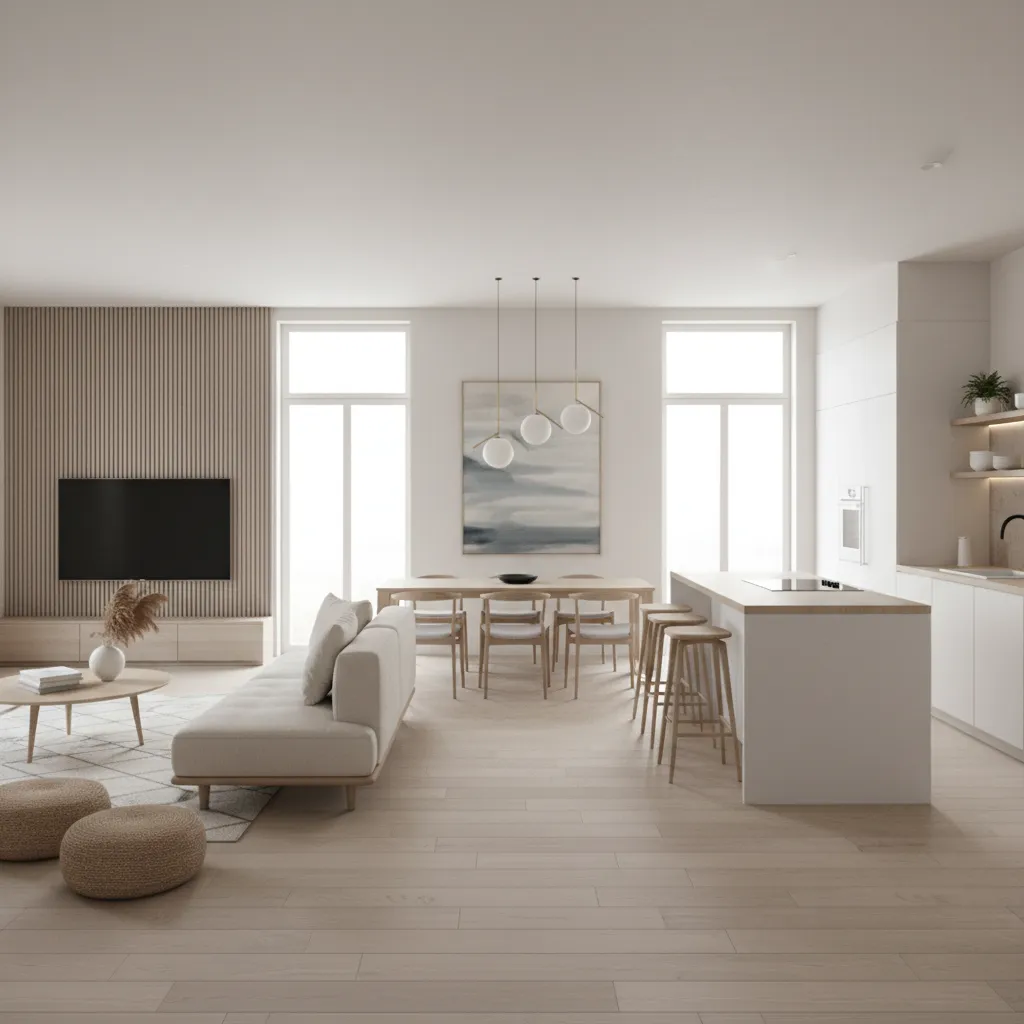 open living kitchen layout in a modular duplex showing efficient space planning