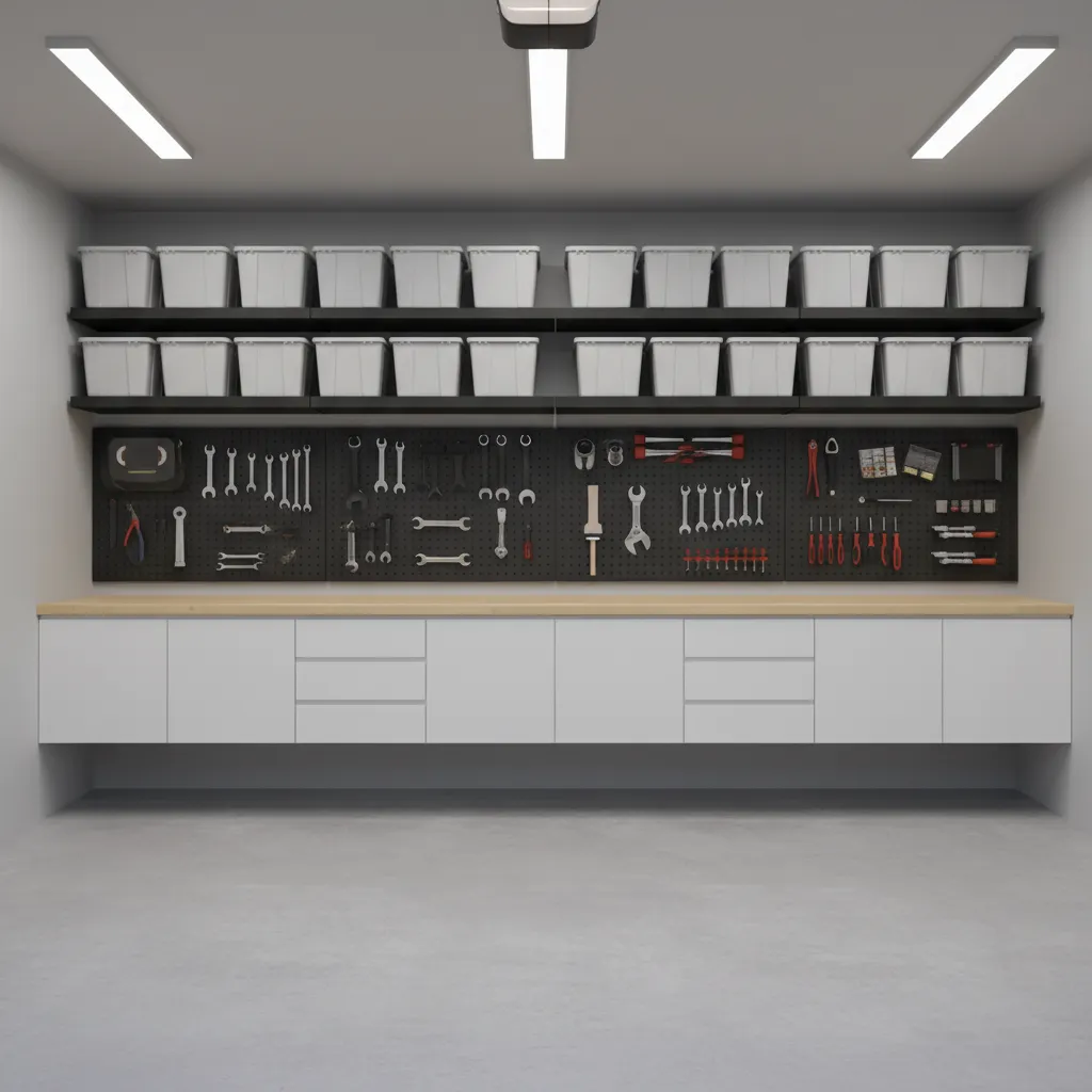 organized garage with wall storage racks workbench and clear vehicle parking space