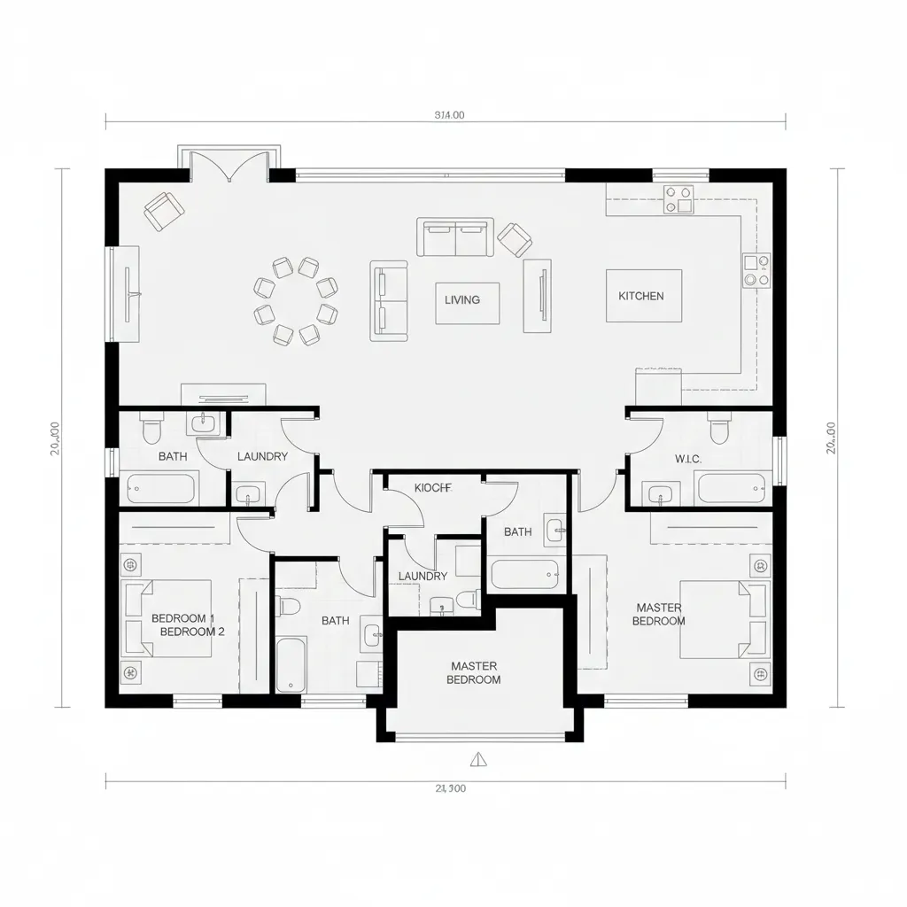 efficient rectangular floor plan layout for large house reducing construction complexity