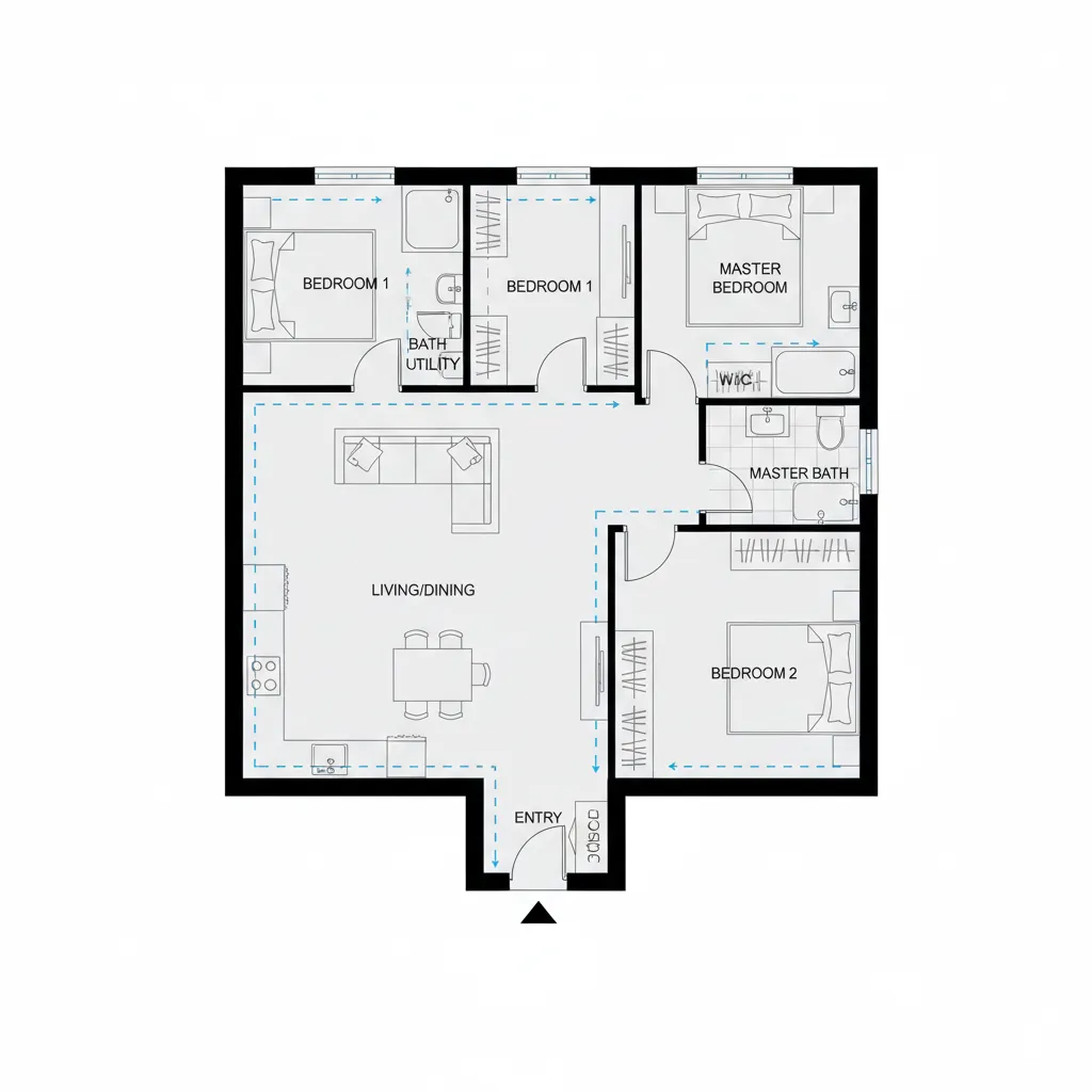efficient residential floor plan layout designed to reduce construction cost per square foot