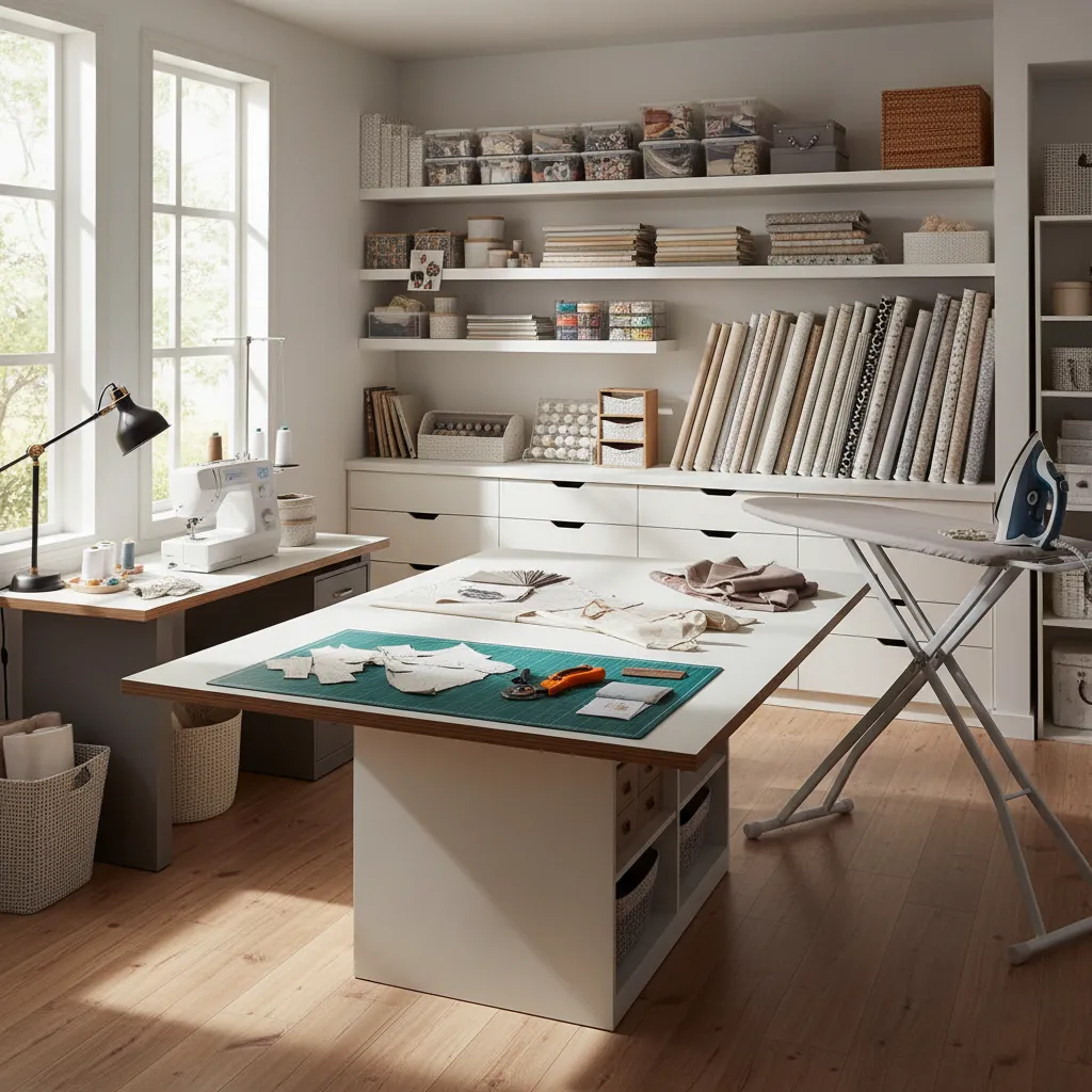 organized home sewing studio showing cutting sewing and pressing workflow